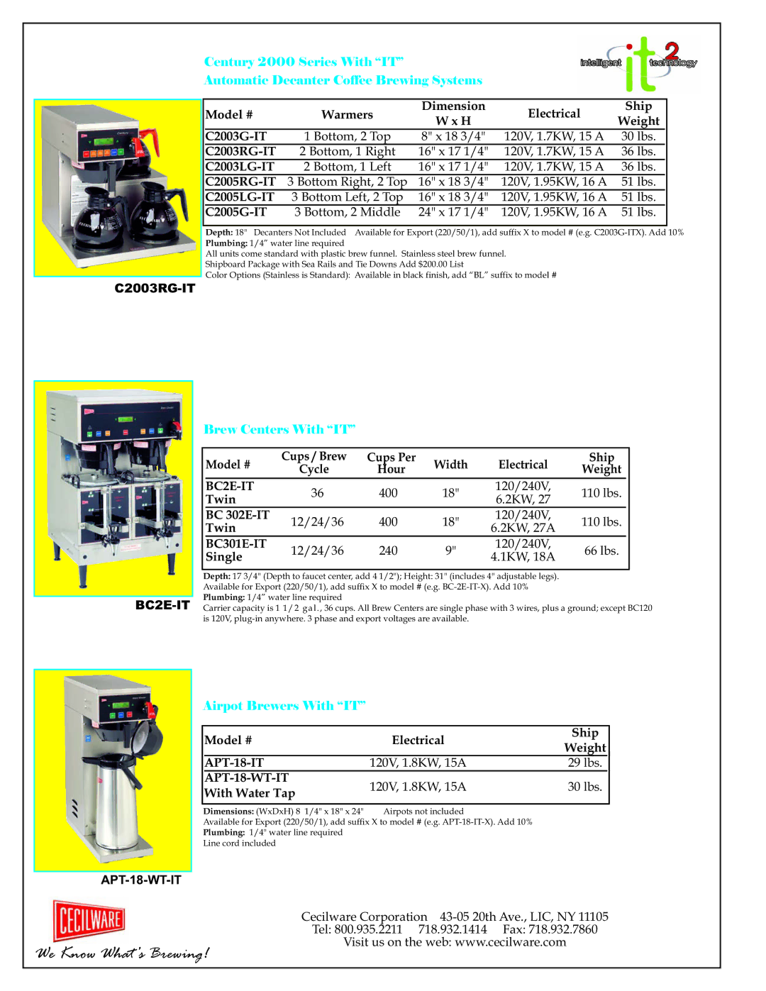 Cecilware Digital Century 2000 manual BC2E-IT, BC301E-IT, APT-18-IT, APT-18-WT-IT 