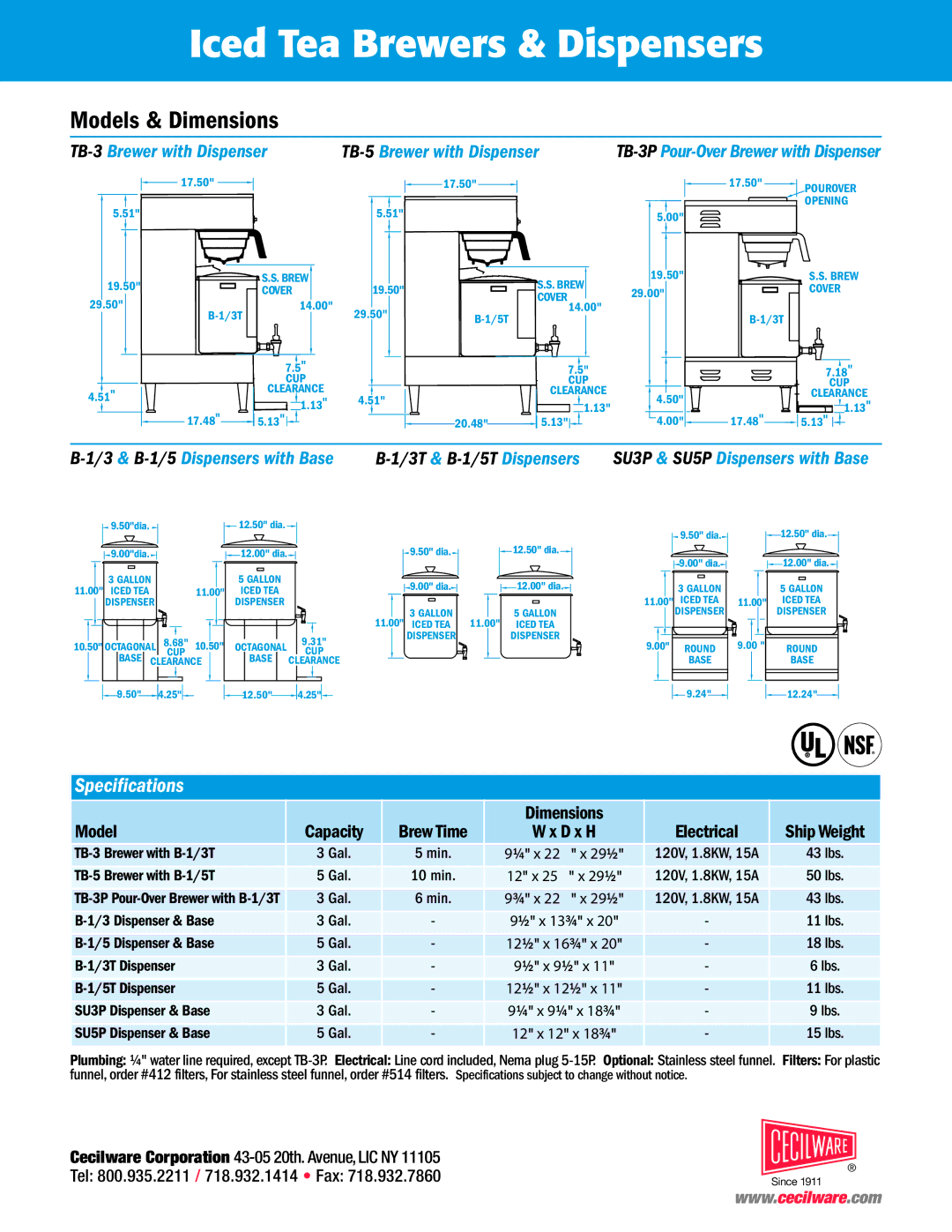 Cecilware Dispense Fresh Brewed Iced Tea Models & Dimensions, TB-3Brewer with Dispenser TB-5Brewer with Dispenser 