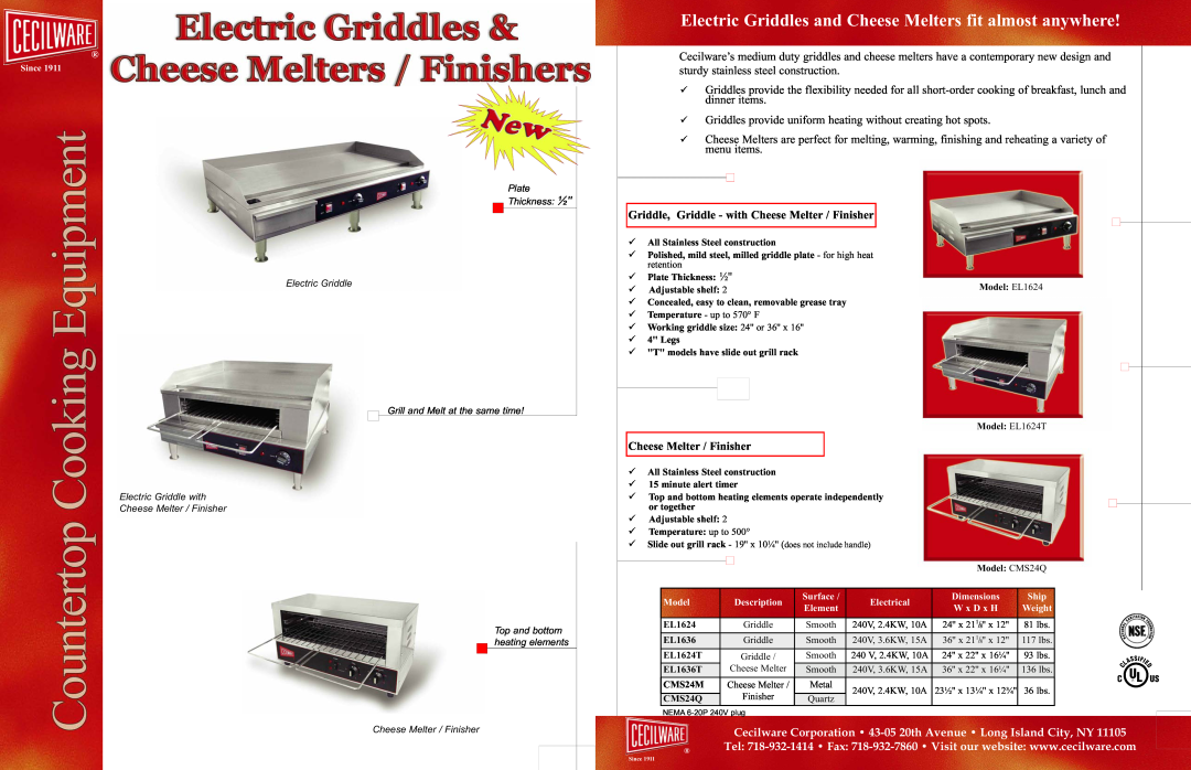 Cecilware E1624T dimensions Griddle, Griddle - with Cheese Melter / Finisher 