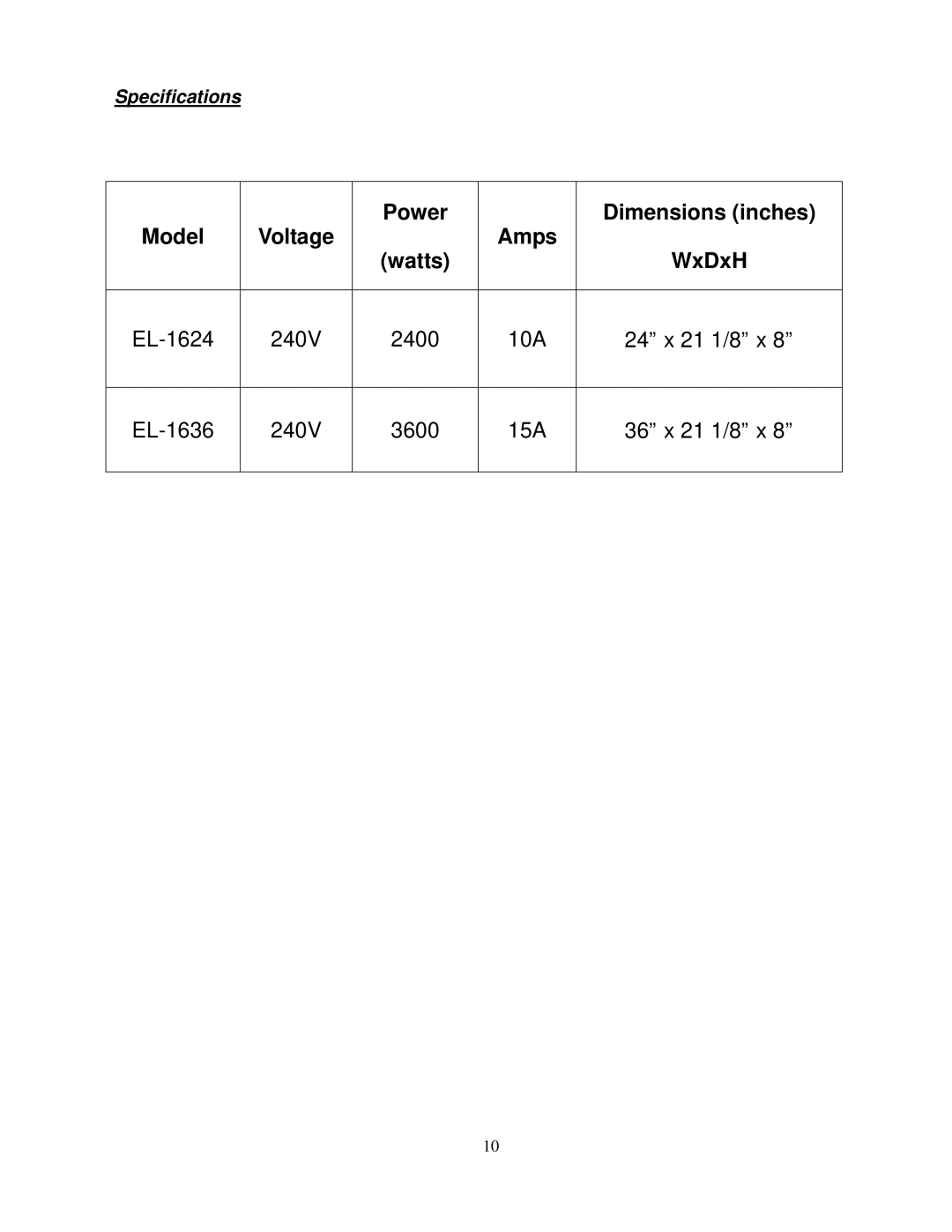 Cecilware EL-1636, EL-1624 operation manual Specifications 