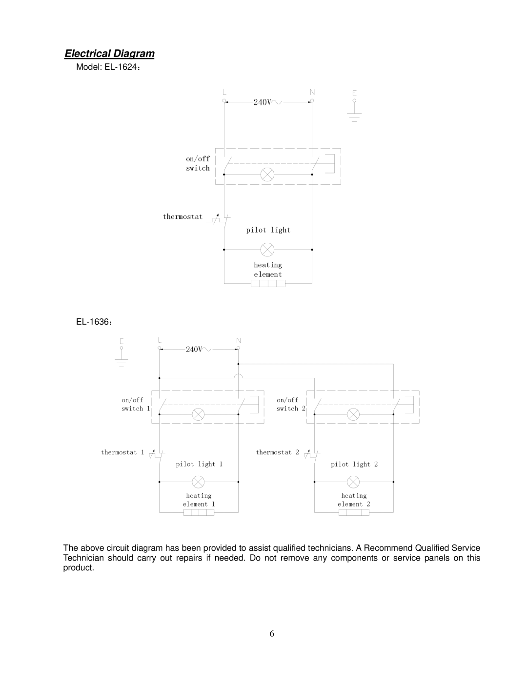 Cecilware EL-1636, EL-1624 operation manual Electrical Diagram, 240V 