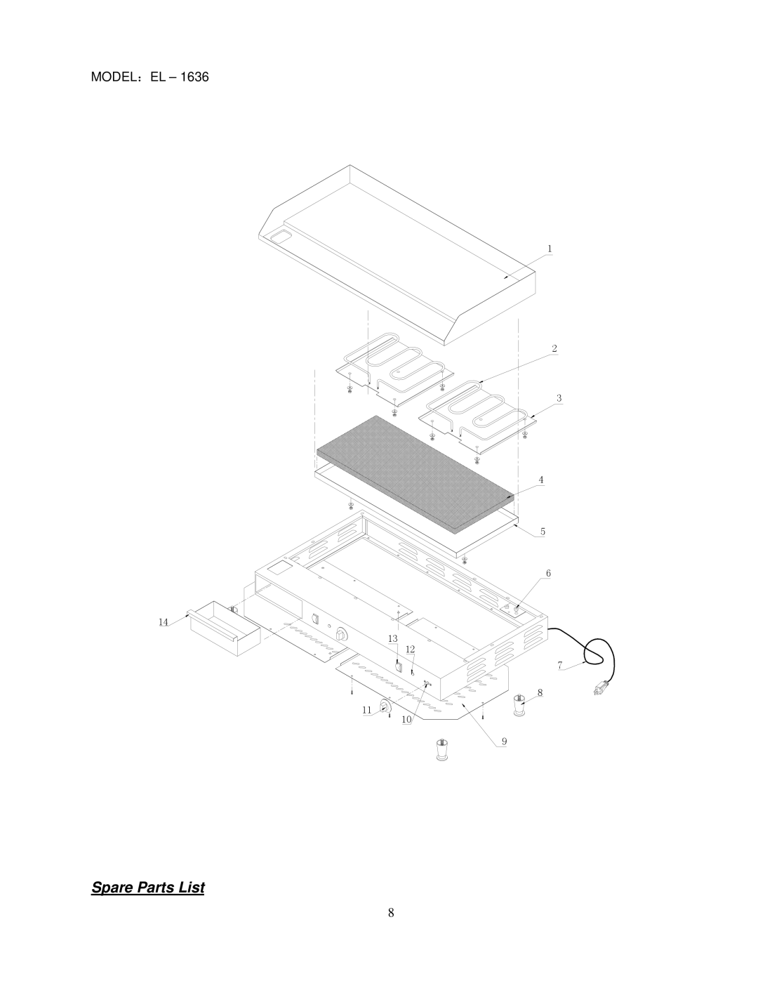 Cecilware EL-1636, EL-1624 operation manual Spare Parts List 