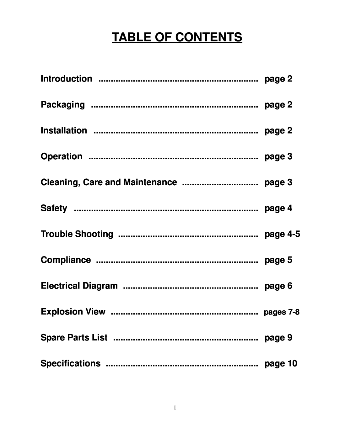 Cecilware EL-1624, EL-1636 operation manual Table Of Contents, page 