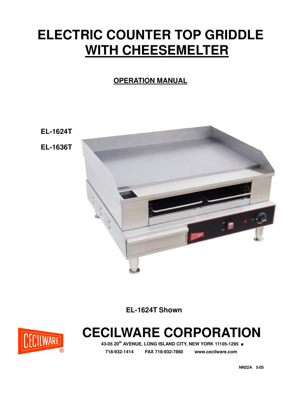 Cecilware EL-1636T, EL-1624T operation manual Electric Counter TOP Griddle With Cheesemelter 