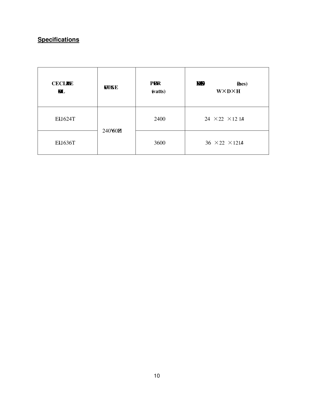 Cecilware EL-1636T, EL-1624T operation manual Specifications 