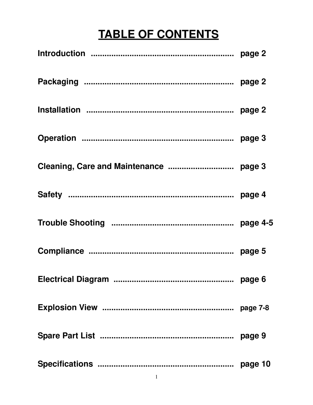 Cecilware EL-1624T, EL-1636T operation manual Table of Contents 