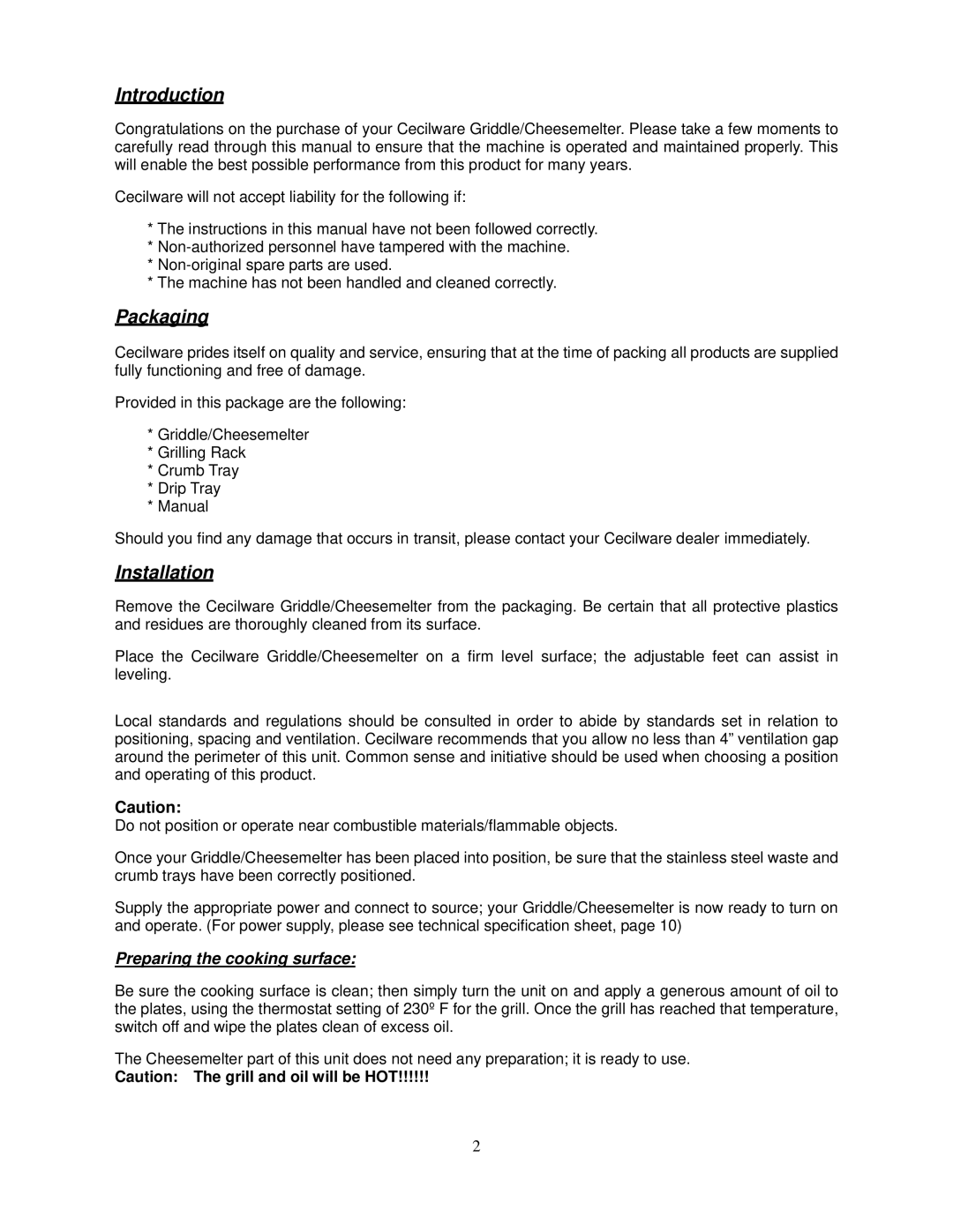 Cecilware EL-1636T, EL-1624T operation manual Introduction, Packaging, Installation 