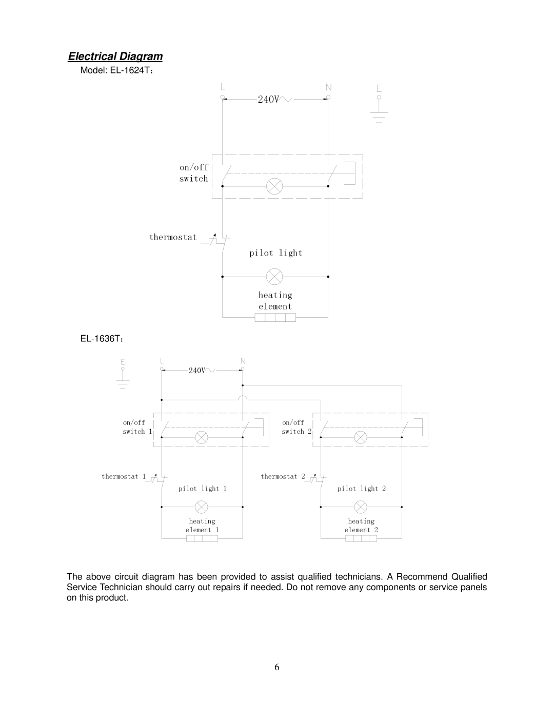 Cecilware EL-1636T, EL-1624T operation manual Electrical Diagram, 240V 