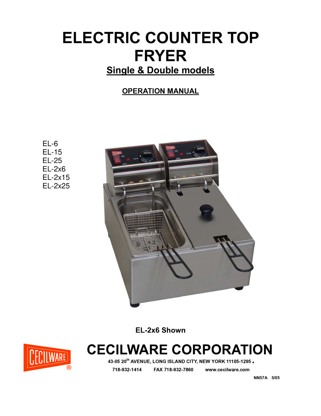 Cecilware EL-2x15, EL-2x6, EL-25, EL-2x25, EL-15, EL-6 operation manual Electric Counter TOP Fryer 