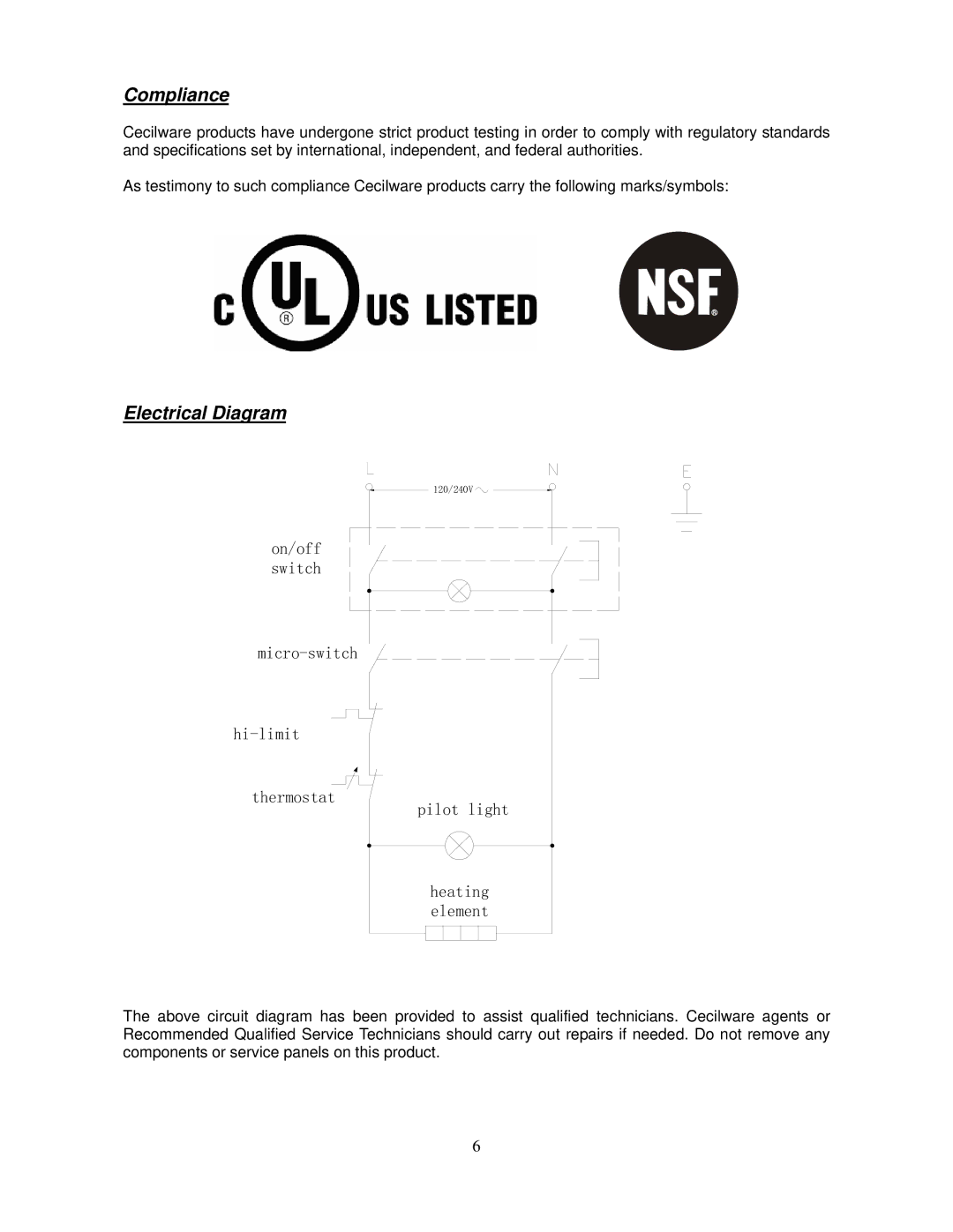 Cecilware EL-2x15, EL-2x6, EL-25, EL-2x25, EL-15, EL-6 operation manual Compliance, Electrical Diagram 