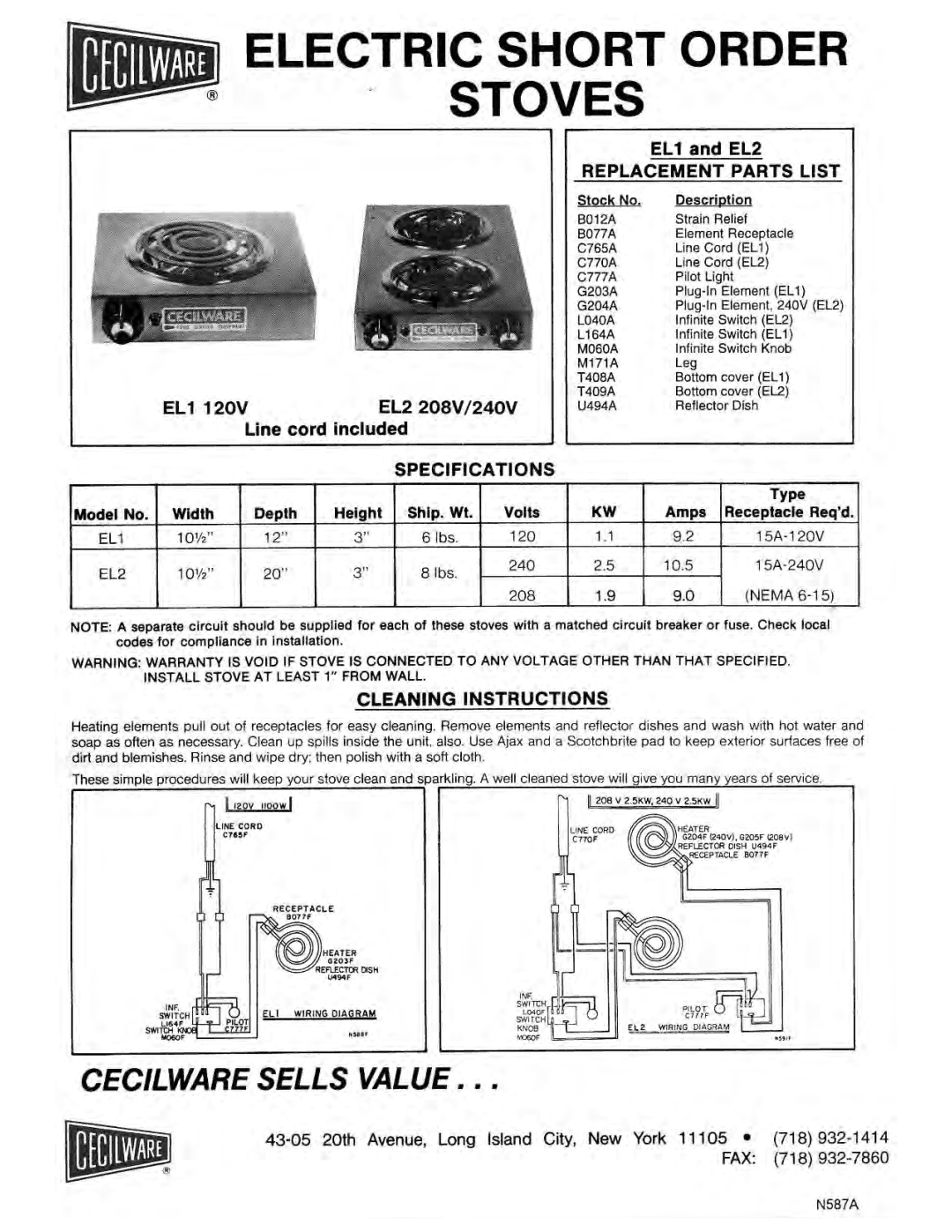 Cecilware EL2 24OV, EL1 12OV, EL2 208V manual 