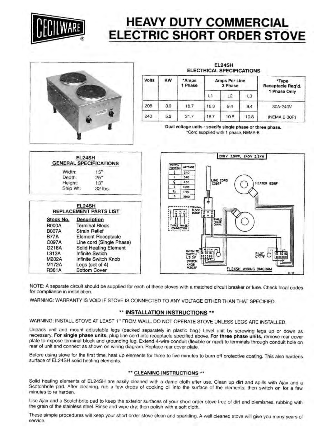 Cecilware EL2 208V, EL1 12OV, EL2 24OV manual 