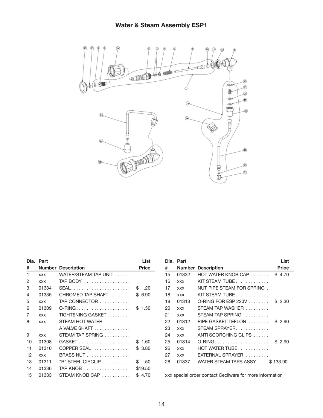 Cecilware ESP2, ESP3 instruction manual Water & Steam Assembly ESP1, Dia Part List Number Description Price 01332 