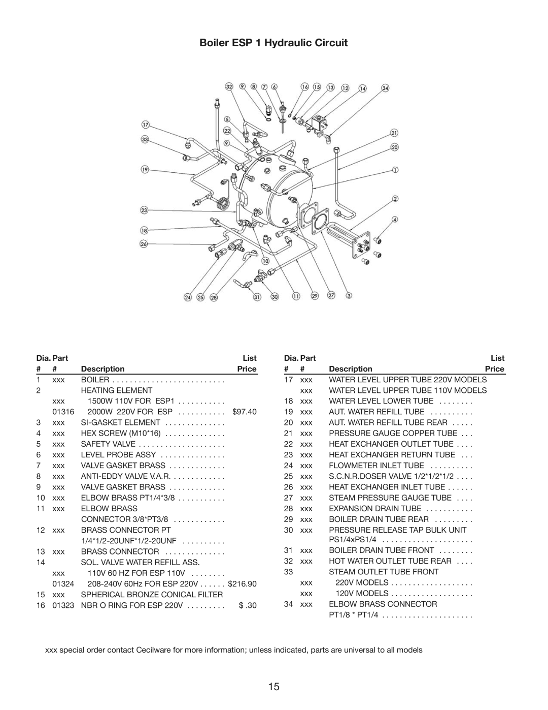 Cecilware ESP3, ESP1, ESP2 instruction manual Boiler ESP 1 Hydraulic Circuit, Dia. Part List Description Price 