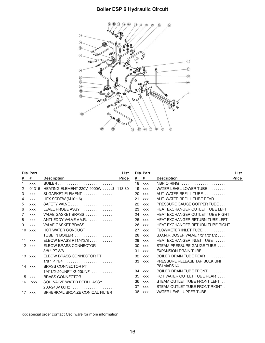 Cecilware ESP1, ESP3, ESP2 instruction manual Boiler ESP 2 Hydraulic Circuit, List Dia. Part Description Price 