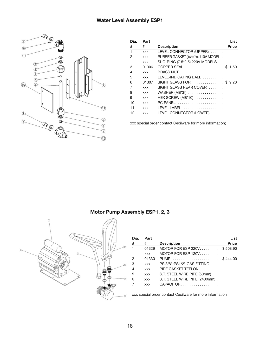 Cecilware ESP3, ESP2 Water Level Assembly ESP1, Motor Pump Assembly ESP1, 2, Dia Part List Description, Xxx 