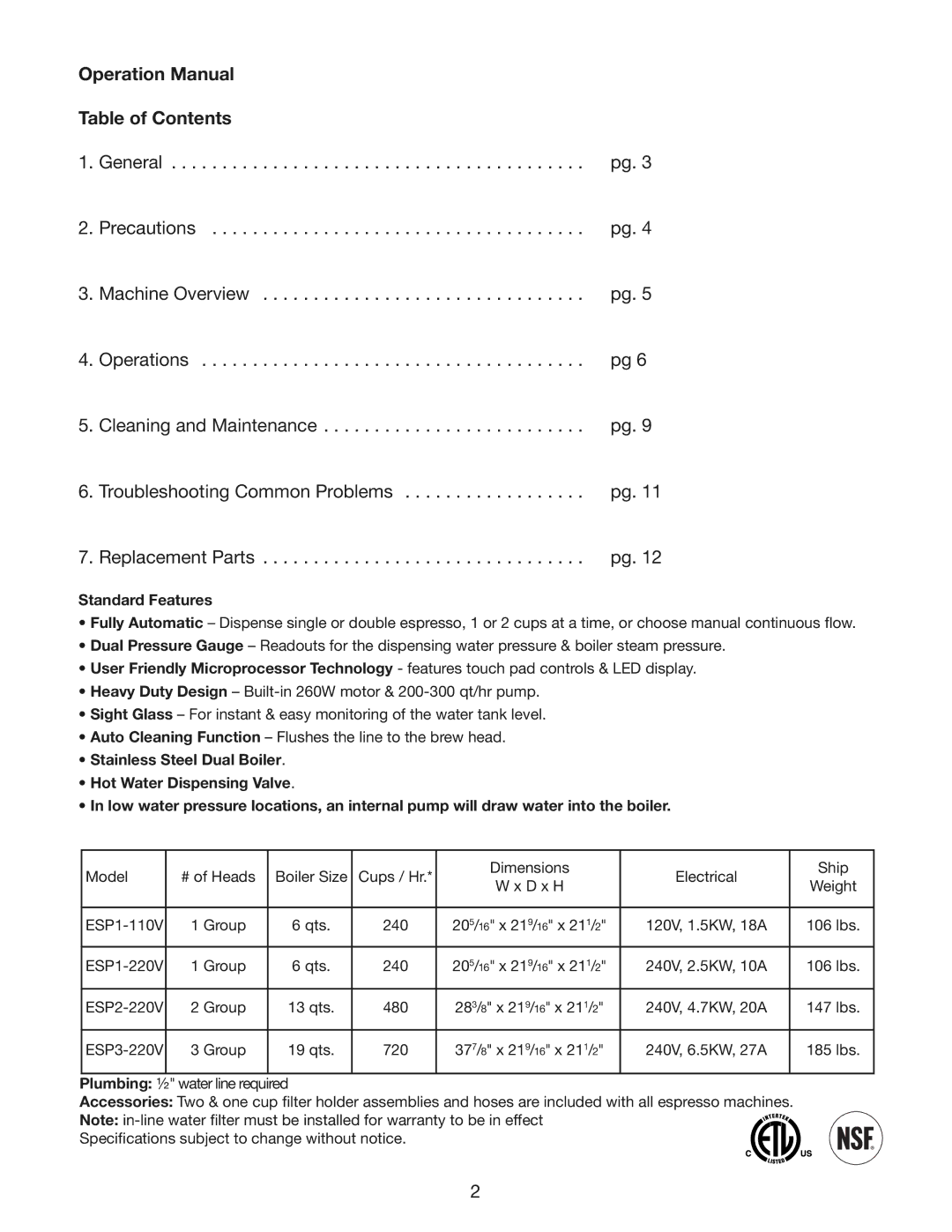 Cecilware ESP2, ESP3, ESP1 instruction manual Table of Contents 