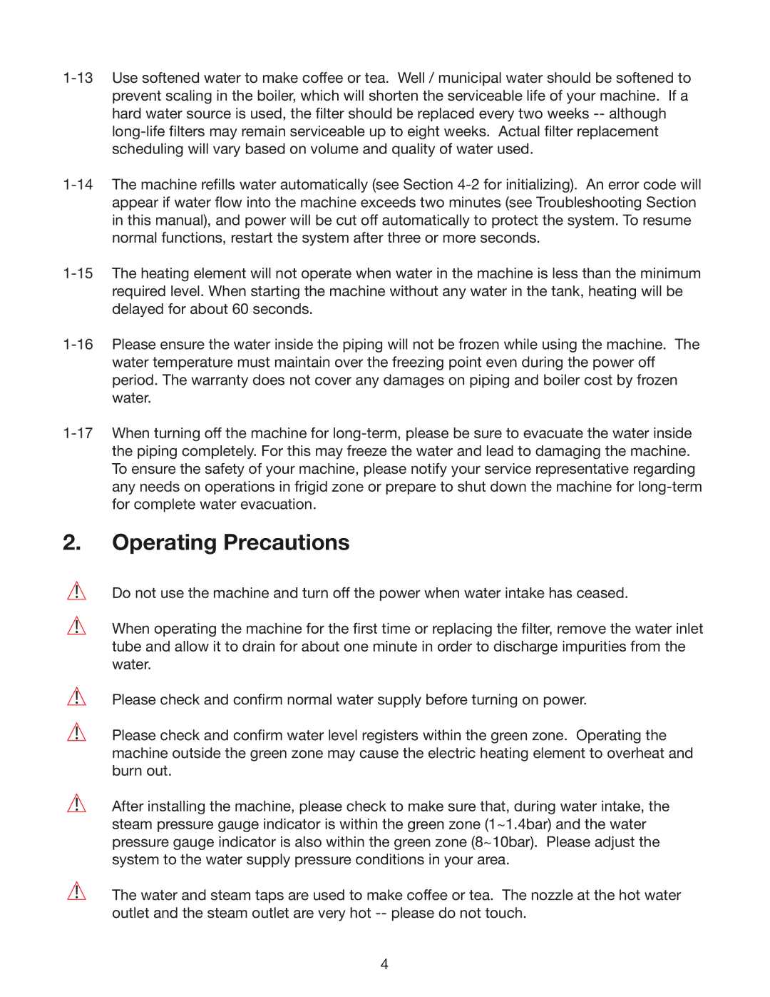 Cecilware ESP1, ESP3, ESP2 instruction manual Operating Precautions 