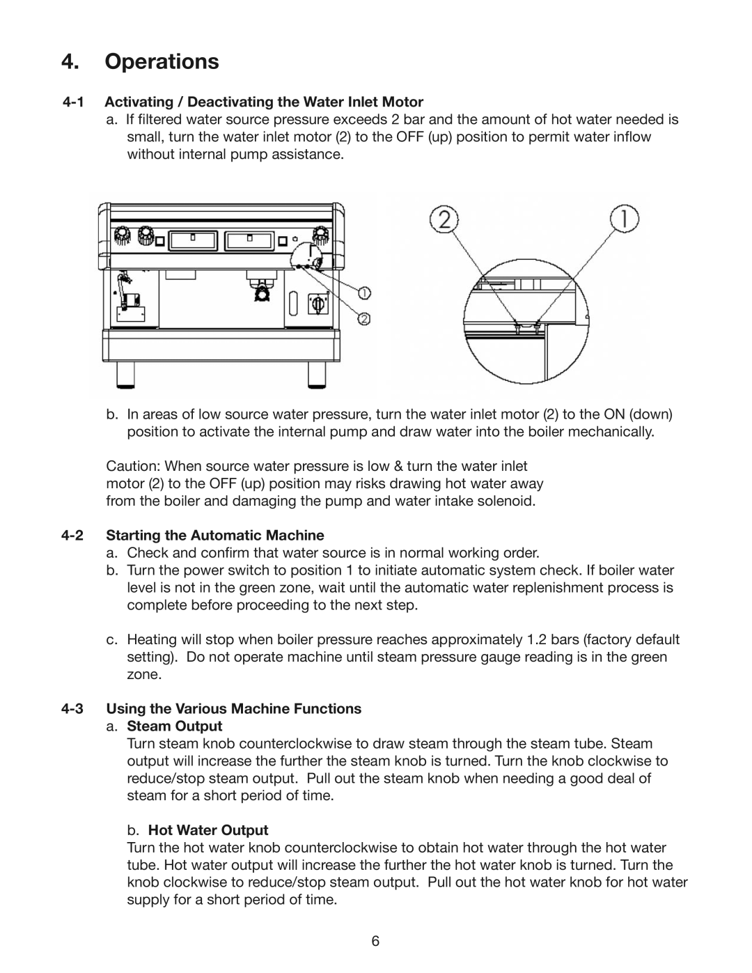 Cecilware ESP3, ESP1, ESP2 Operations, Activating / Deactivating the Water Inlet Motor, Starting the Automatic Machine 