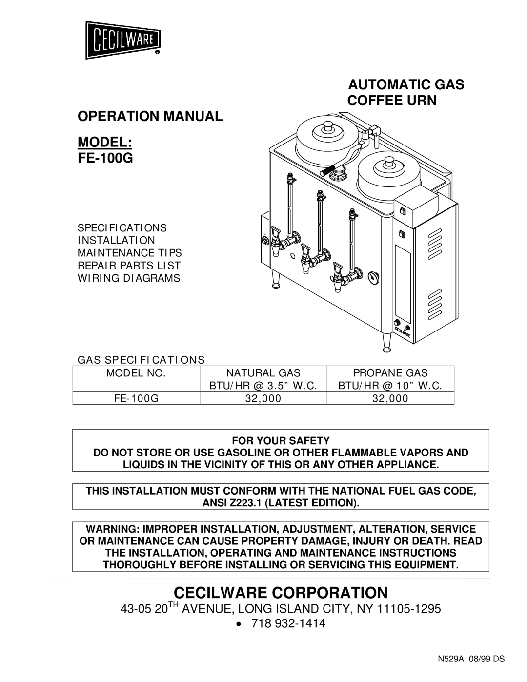 Cecilware FE-100G operation manual GAS Specifications, Model no Natural GAS Propane GAS 