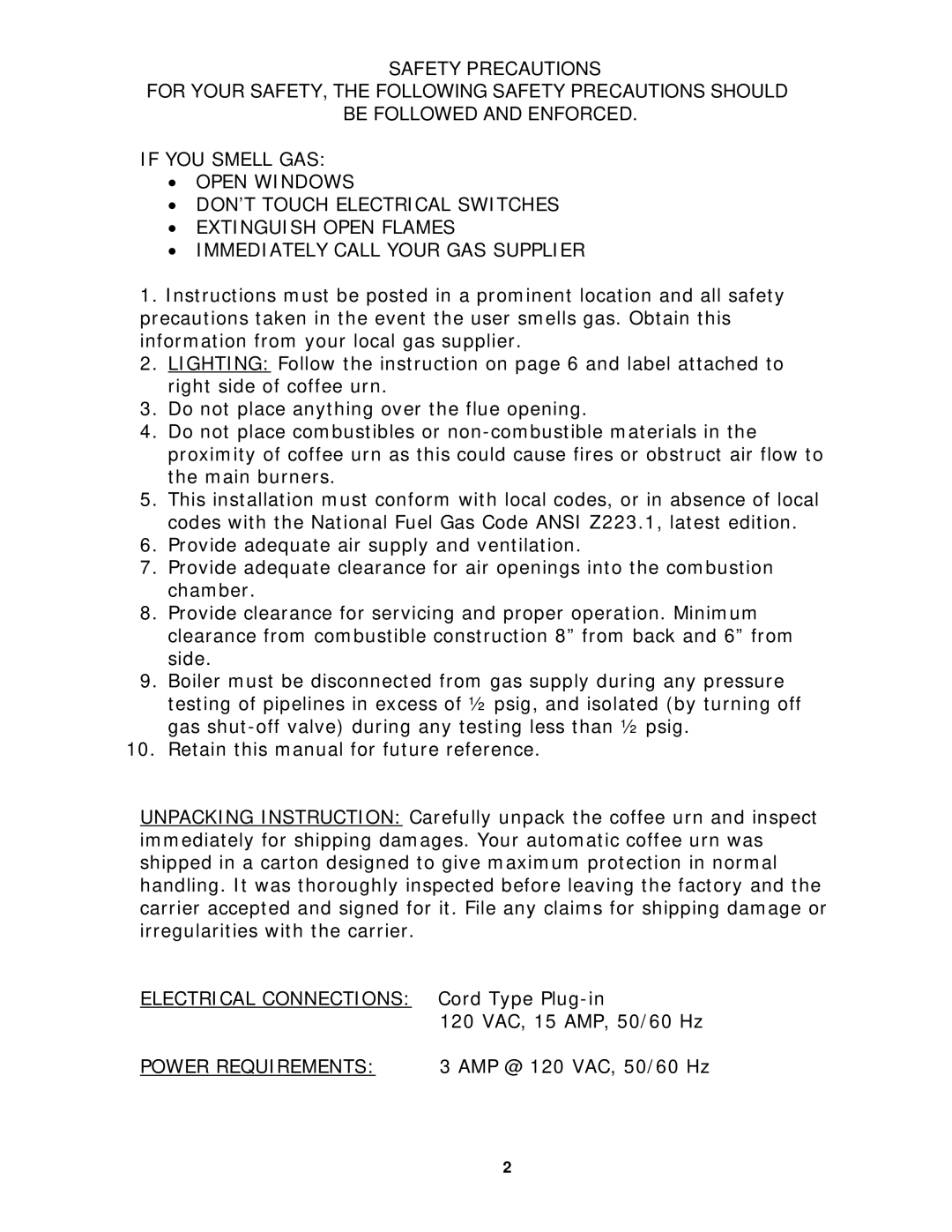 Cecilware FE-100G operation manual Power Requirements 