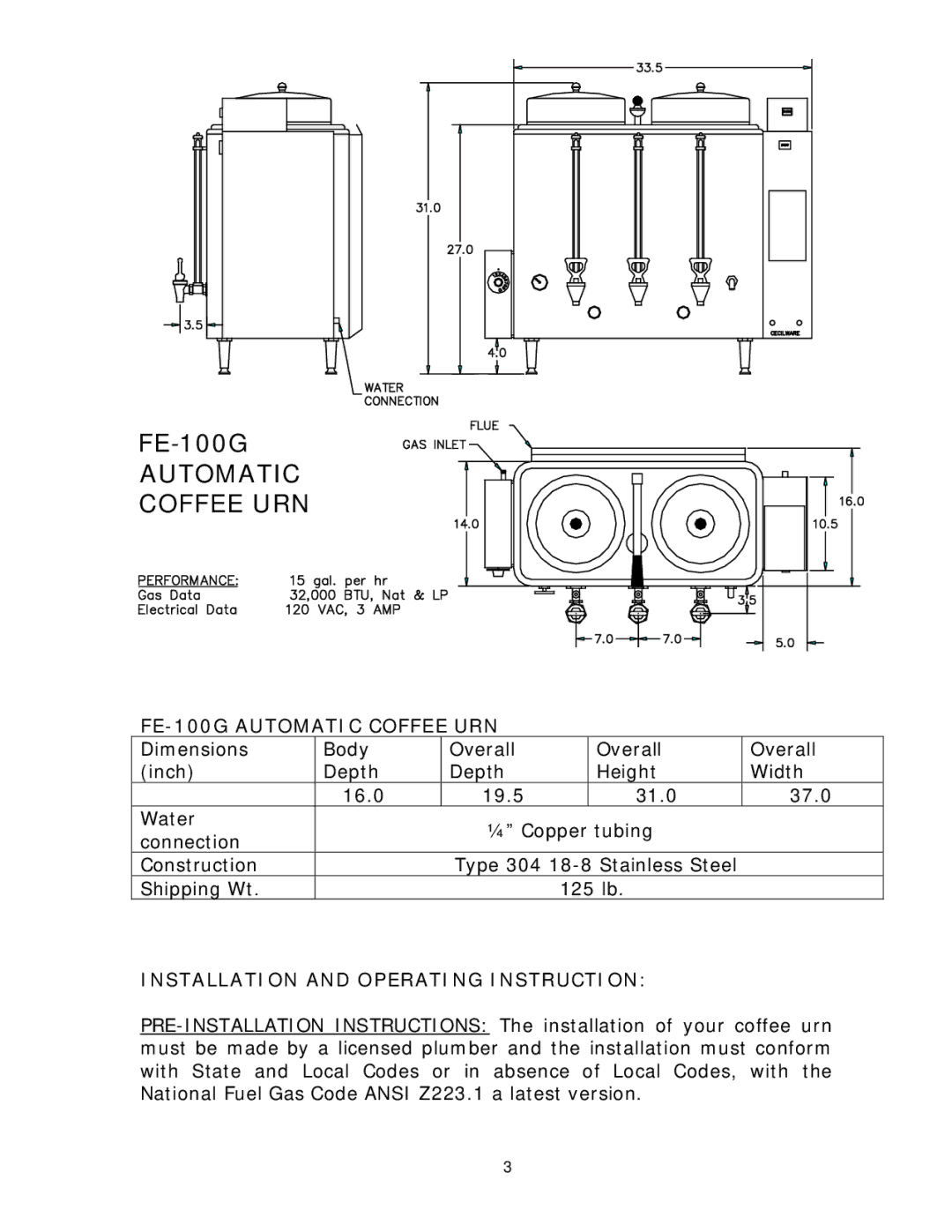 Cecilware operation manual FE-100G Automatic Coffee URN, Installation and Operating Instruction 