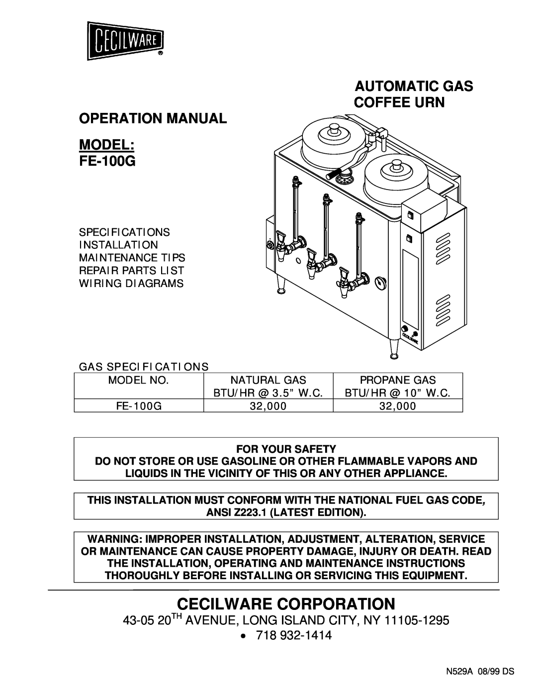 Cecilware FE-100G operation manual Gas Specifications, Cecilware Corporation, 43-0520TH AVENUE, LONG ISLAND CITY, NY 