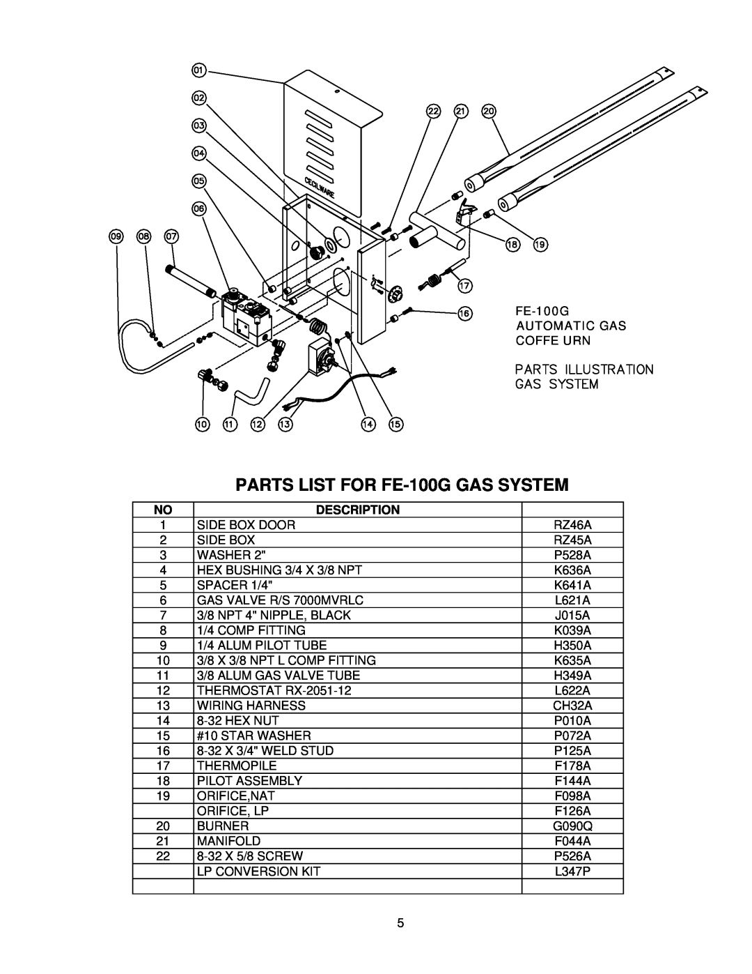 Cecilware operation manual PARTS LIST FOR FE-100GGAS SYSTEM, Description 