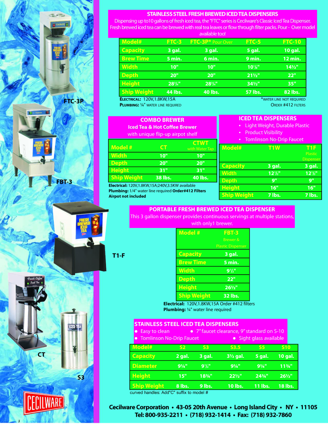 Cecilware FTC-3P* manual FBT-3, Stainless Steel Fresh Brewed Icedtea Dispensers, Combo Brewer, Iced TEA Dispensers 