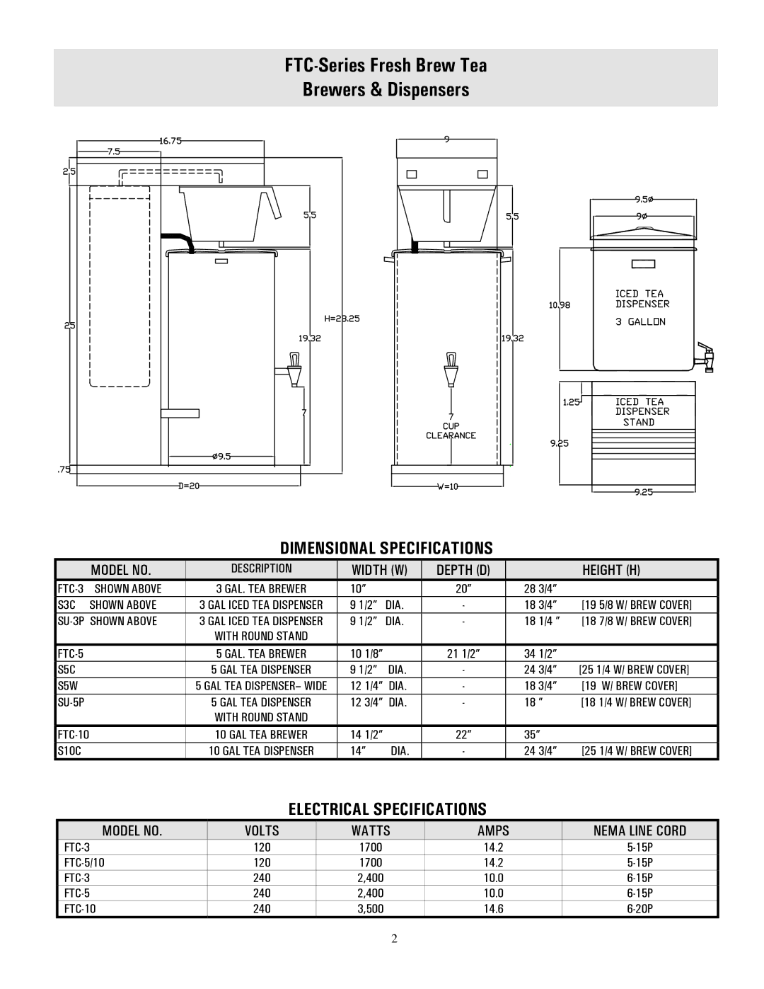 Cecilware FTC-5, FTC-10 Dimensional Specifications, Electrical Specifications, Height H, Model no Volts Watts Amps 