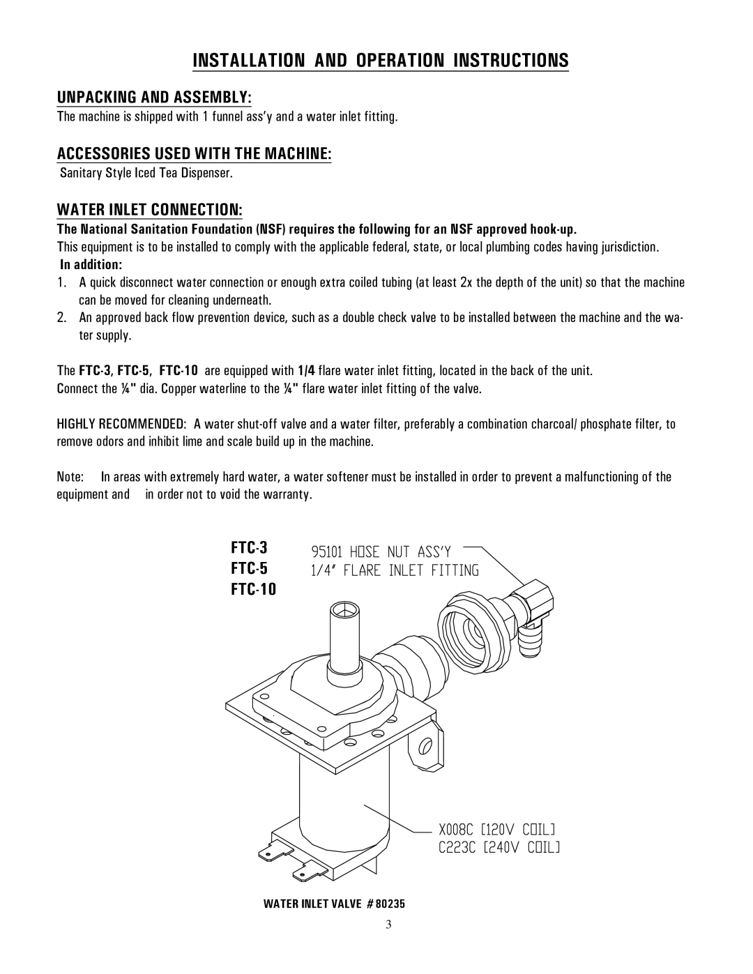 Cecilware FTC-10 manual Unpacking and Assembly, Accessories Used with the Machine, Water Inlet Connection, FTC-3 FTC-5 