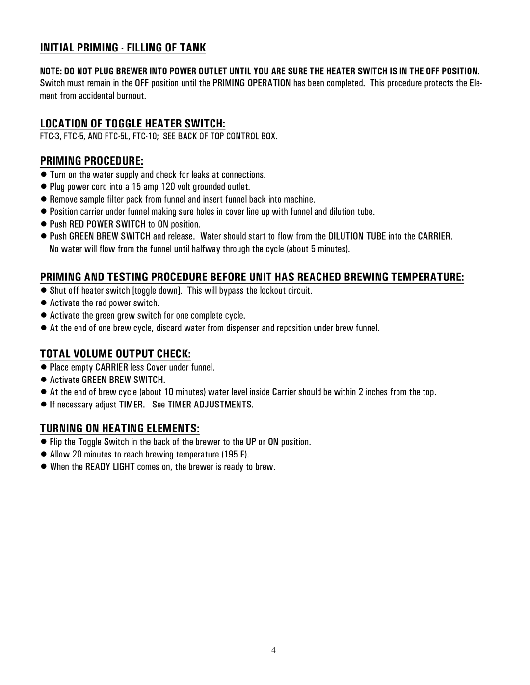 Cecilware FTC-5, FTC-10 manual Initial Priming Filling of Tank, Location of Toggle Heater Switch, Priming Procedure 