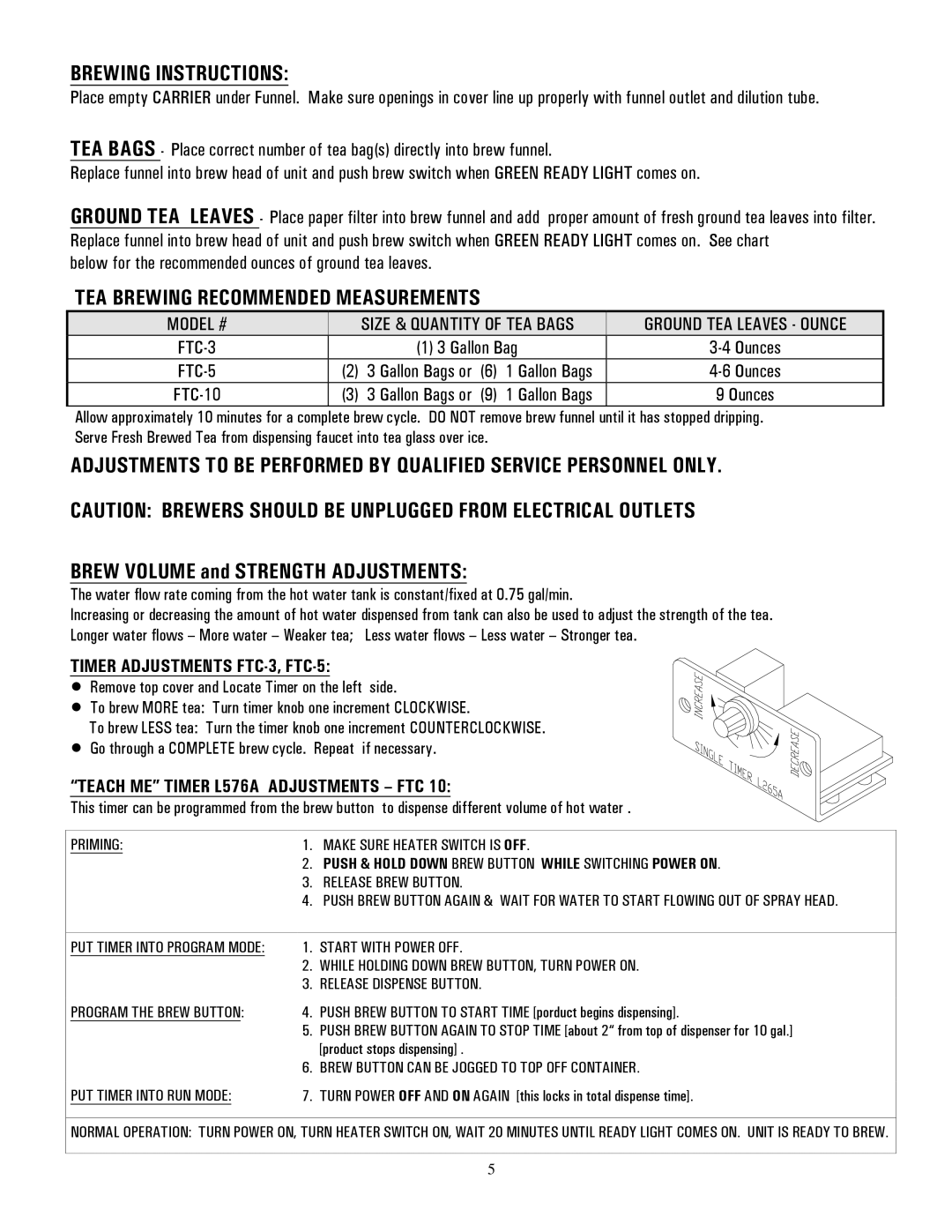 Cecilware FTC-10, FTC-5 manual Brewing Instructions, TEA Brewing Recommended Measurements, Model # 