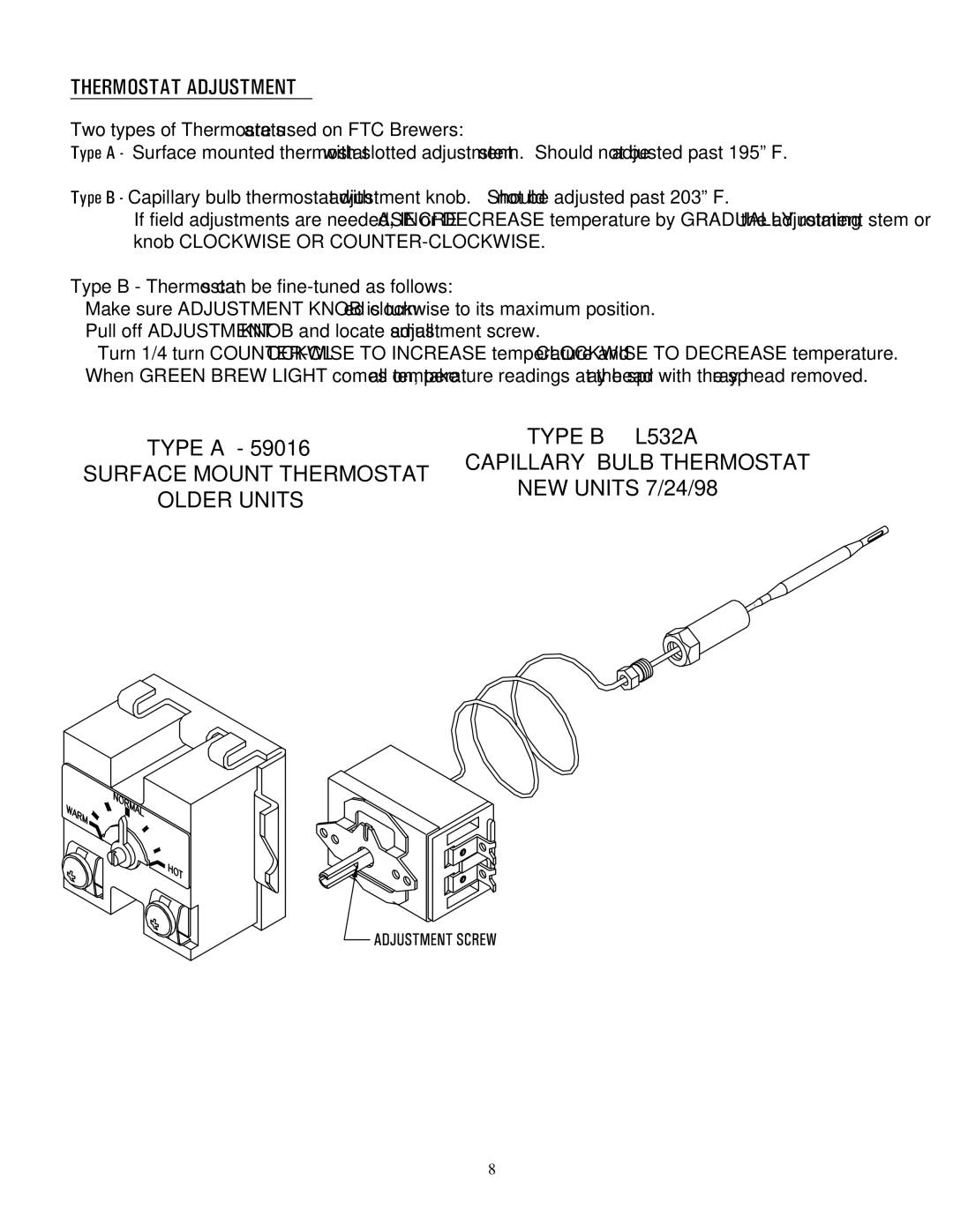 Cecilware FTC-5, FTC-10 manual Thermostat Adjustment 