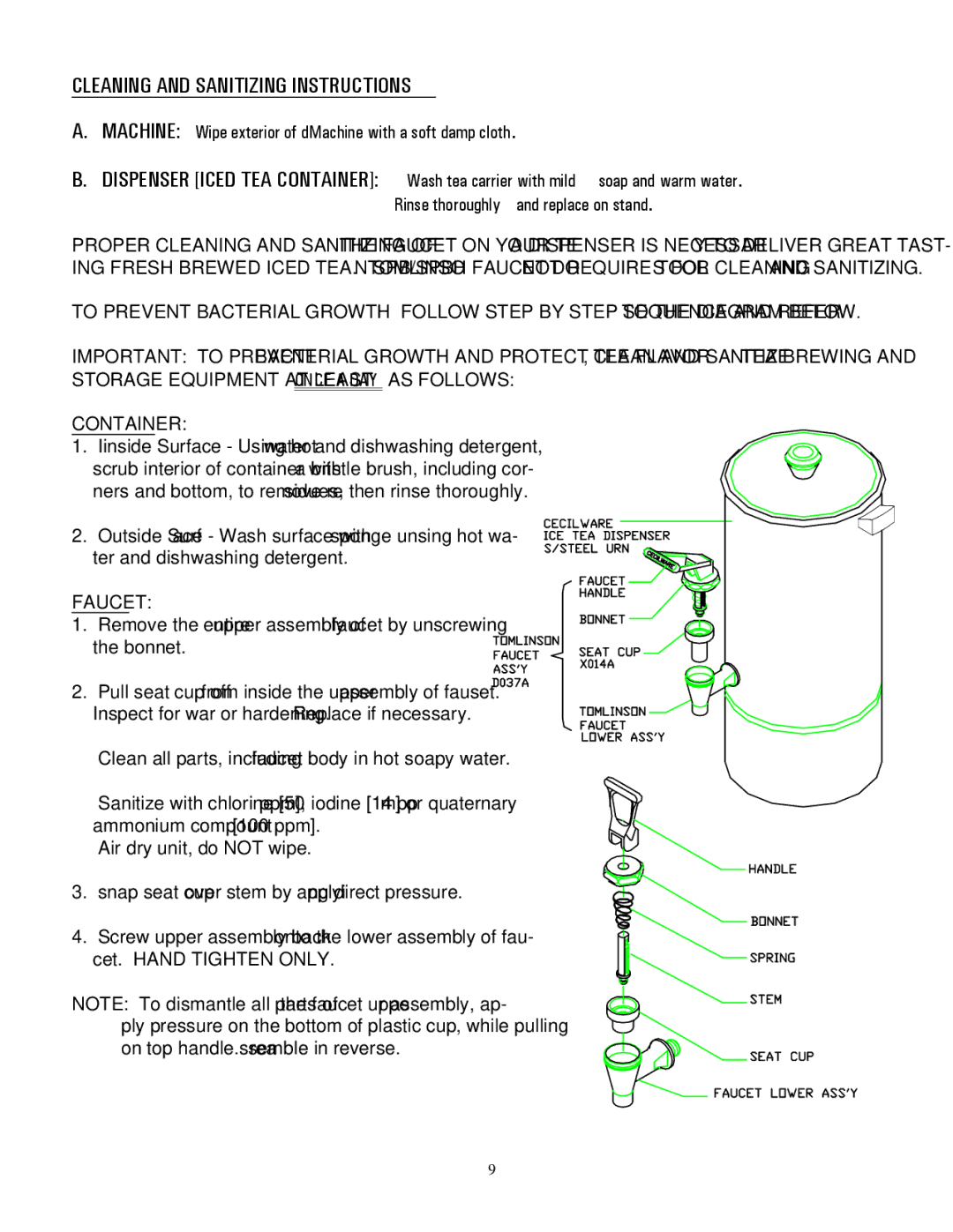 Cecilware FTC-10, FTC-5 manual Cleaning and Sanitizing Instructions, Container, Faucet 