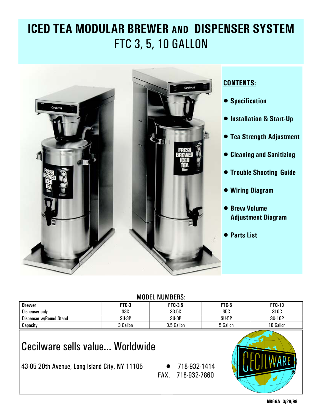 Cecilware FTC-10 manual CONTENTS Specification, Installation & Start-Up, Tea Strength Adjustment, Cleaning and Sanitizing 