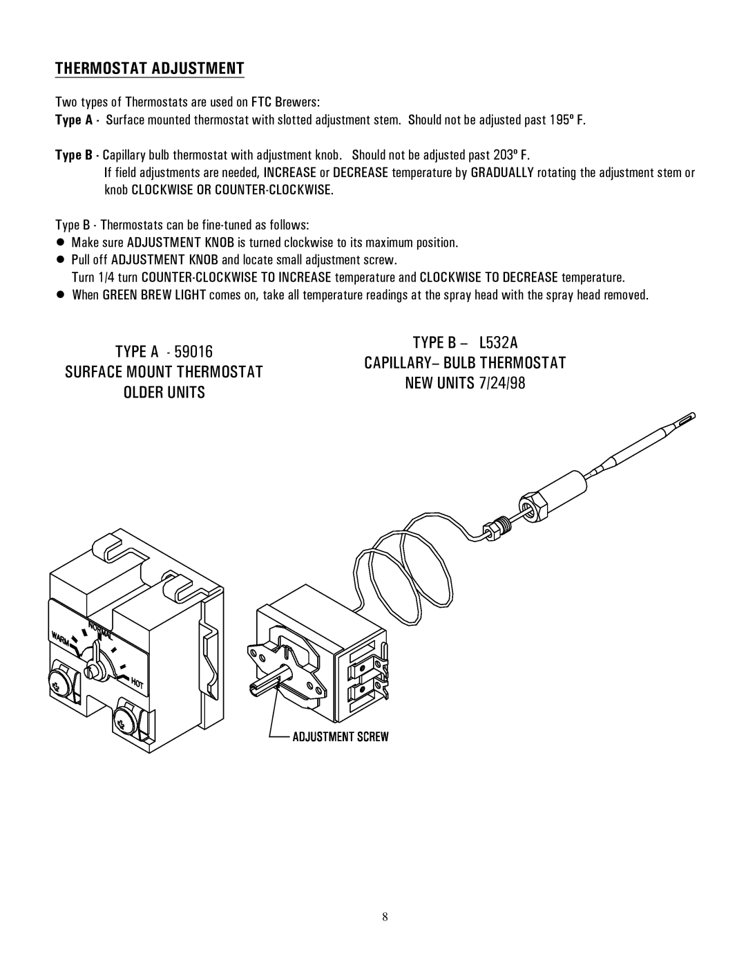 Cecilware FTC-5, FTC-10 manual Thermostat Adjustment 