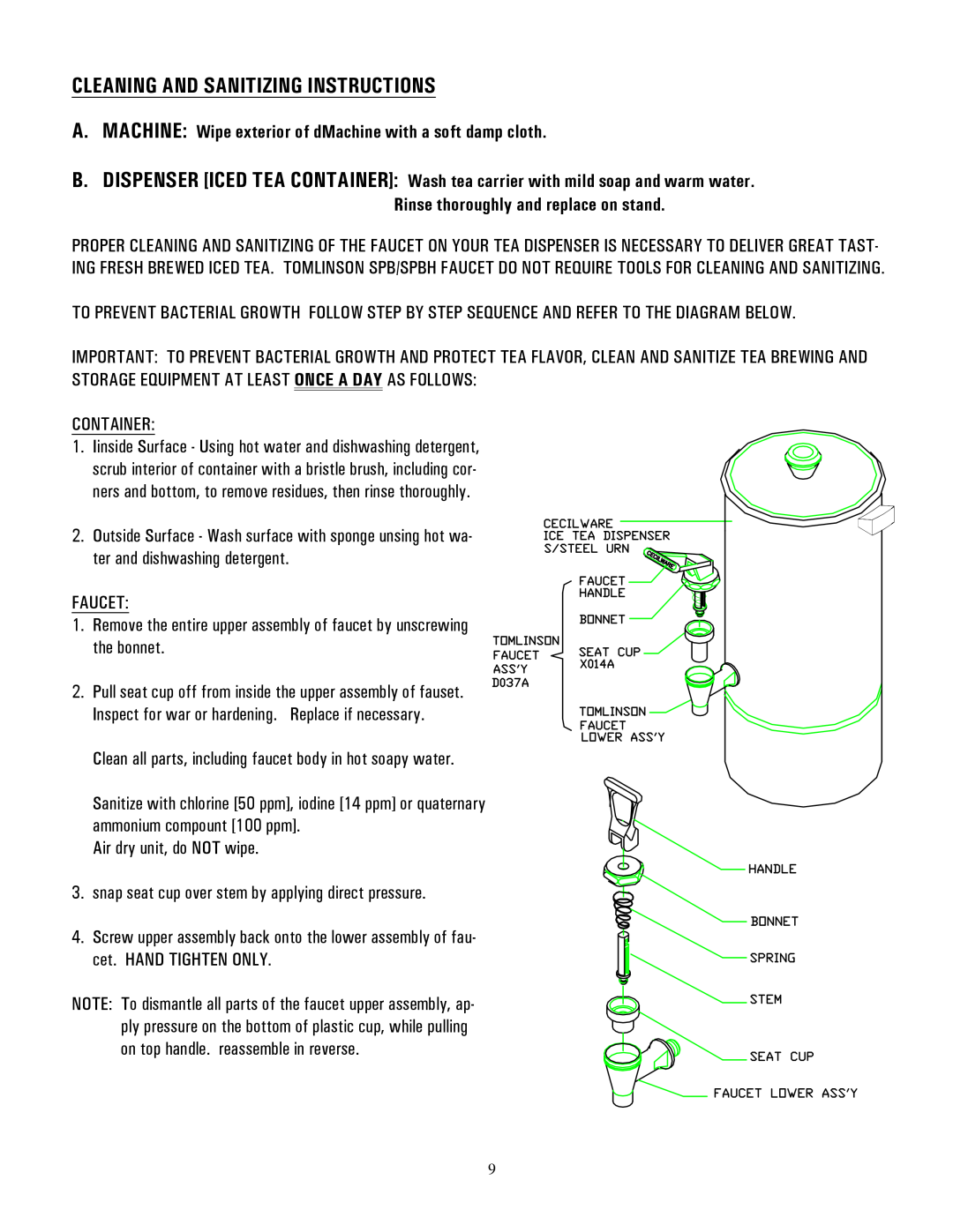 Cecilware FTC-10, FTC-5 manual Cleaning And Sanitizing Instructions 