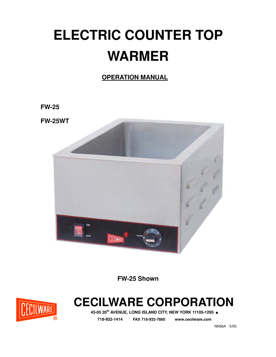 Cecilware FW-25WT operation manual Electric Counter TOP Warmer 