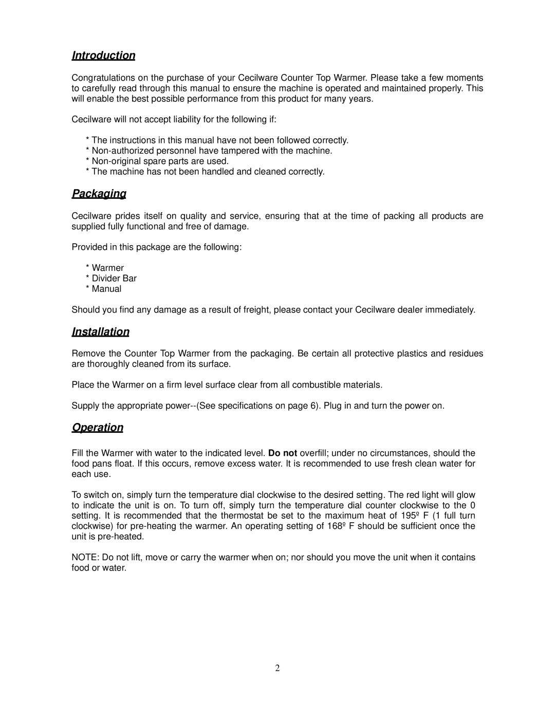 Cecilware FW-25WT operation manual Introduction, Packaging, Installation, Operation 