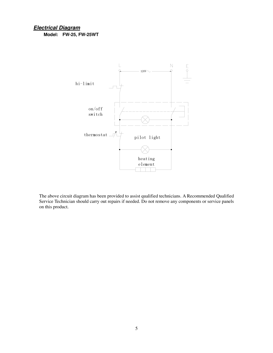 Cecilware FW-25WT operation manual Electrical Diagram 