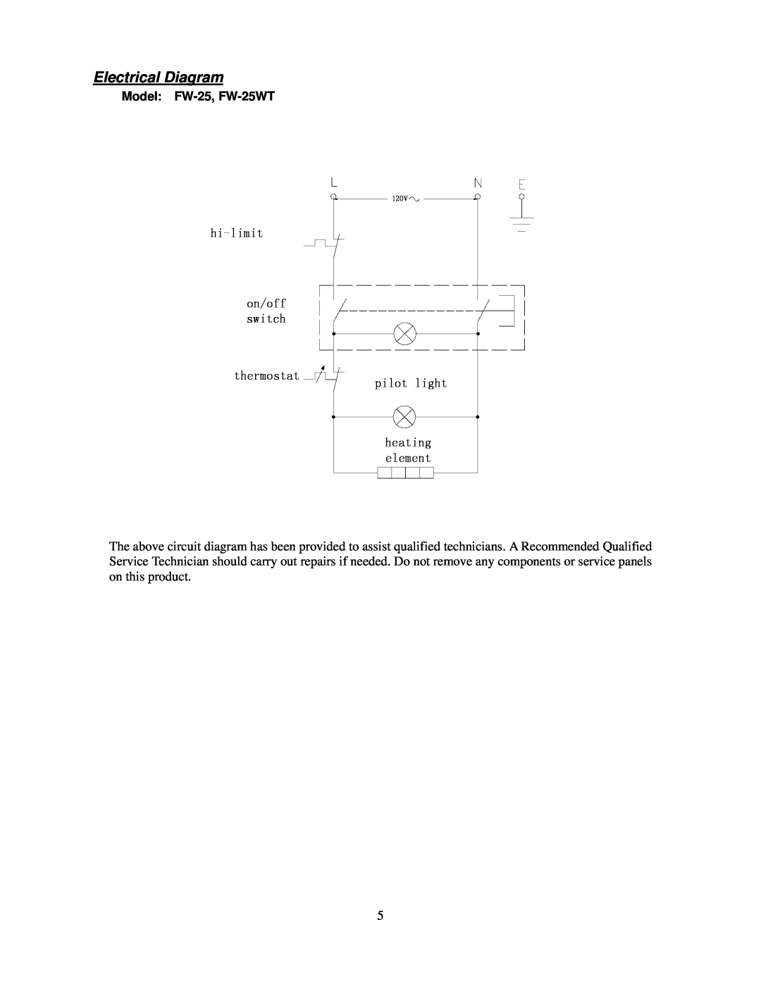 Cecilware Electrical Diagram, hi-limit on/off switch thermostat, pilot light heating element, Model FW-25, FW-25WT 