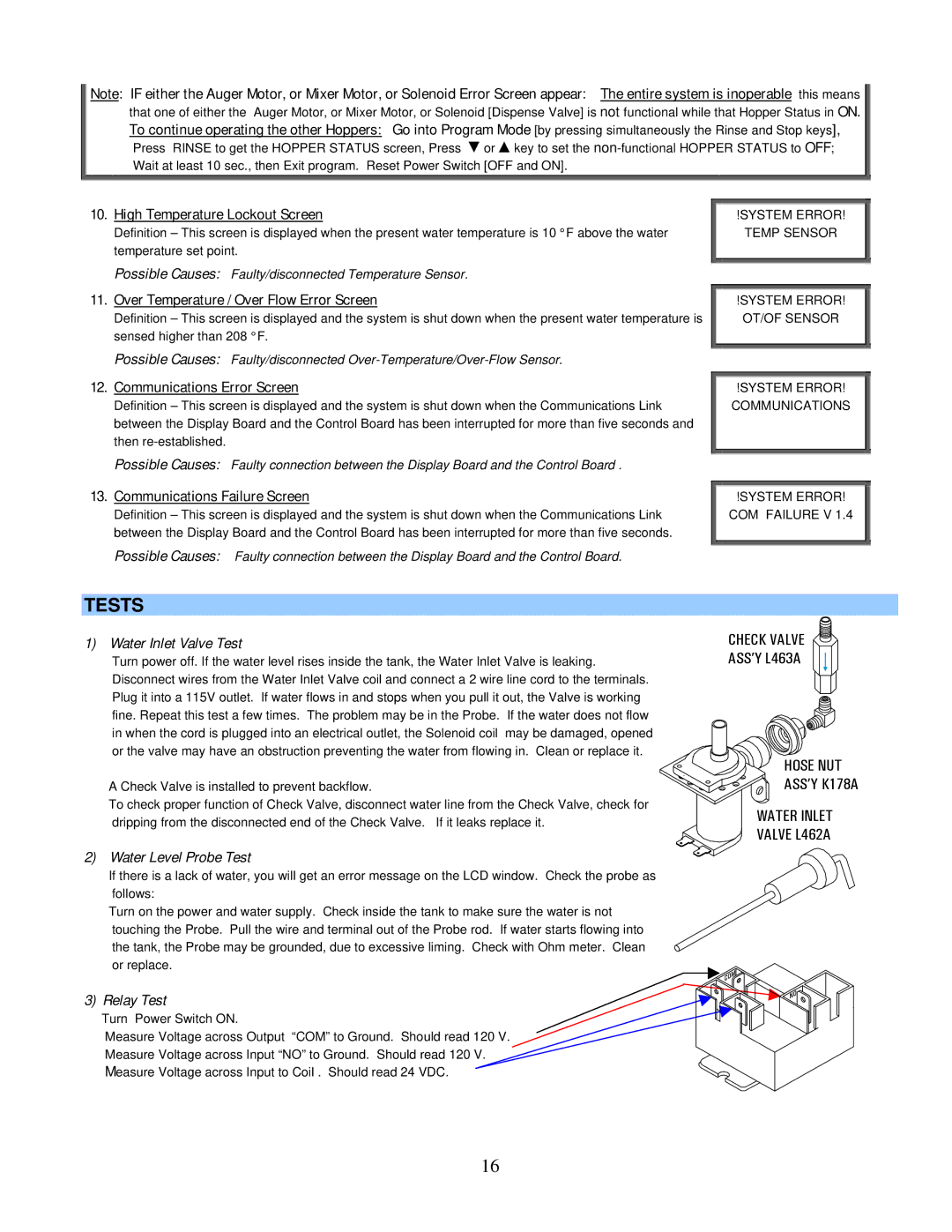 Cecilware GB-IT operation manual Tests, Over Temperature / Over Flow Error Screen, Communications Error Screen 