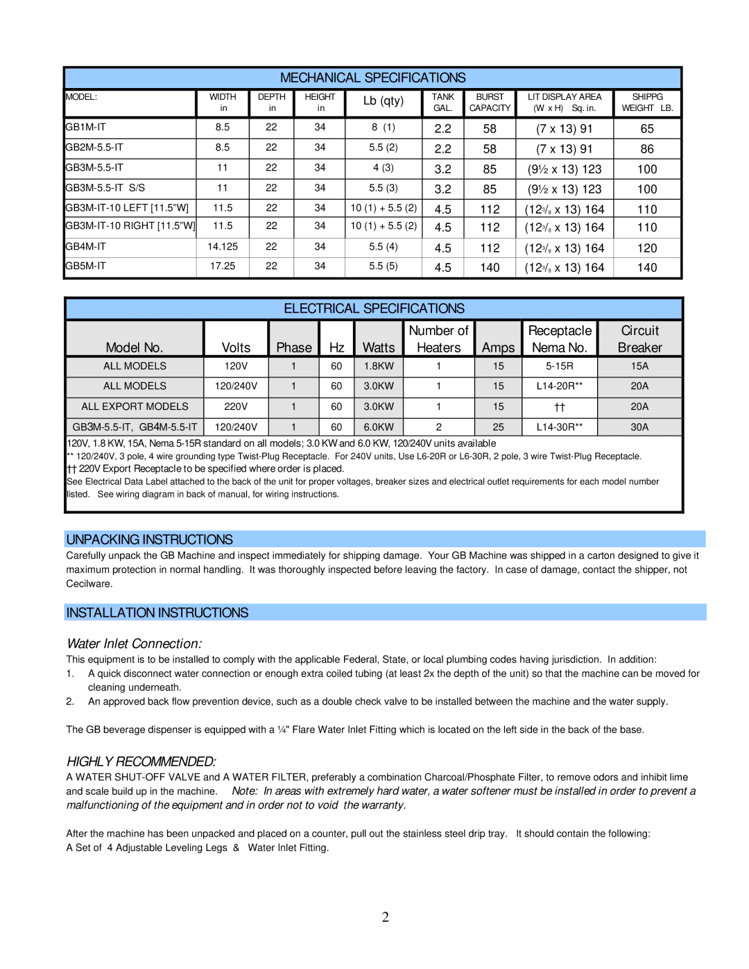 Cecilware GB-IT Mechanical Specifications, Electrical Specifications, Unpacking Instructions, Installation Instructions 