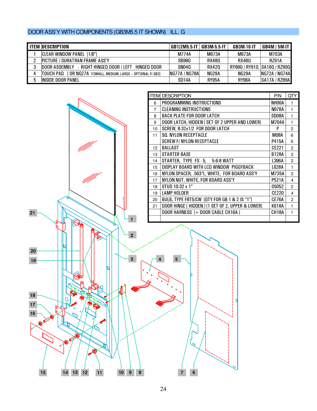 Cecilware GB-IT operation manual Door ASS’Y with Components GB3M5.5 IT Shown ILL. G, GB3M-10-IT, Description QTY 