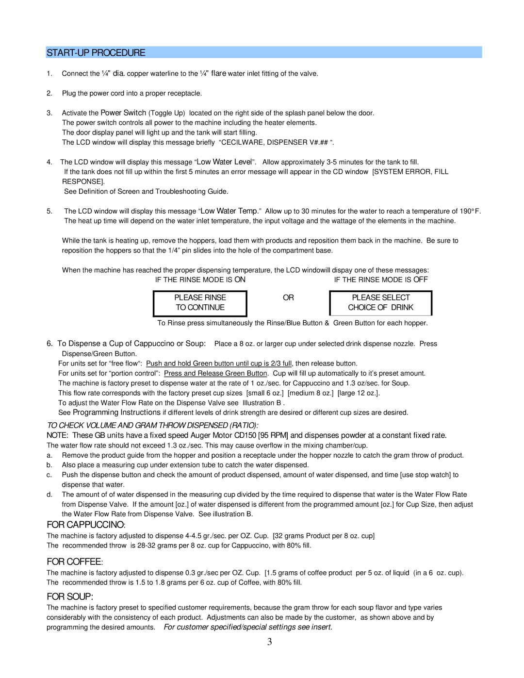 Cecilware GB-IT START-UP Procedure, For Cappuccino, For Coffee, For Soup, Rinse/Blue Button Green Button for each hopper 