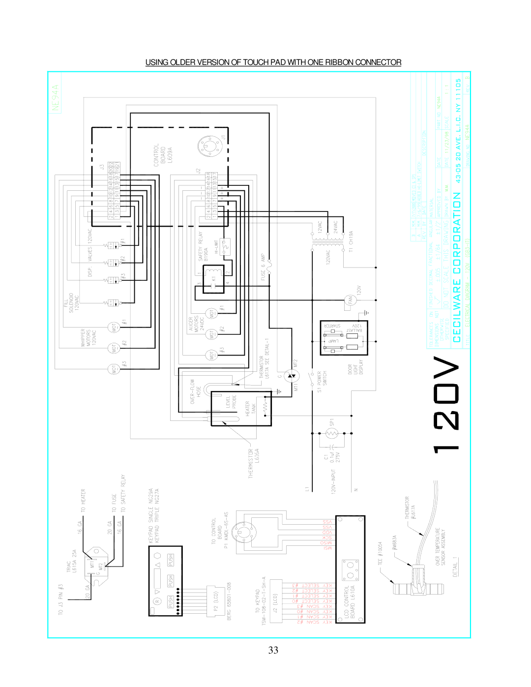 Cecilware GB-IT operation manual Using Older Version of Touch PAD with ONE Ribbon Connector 