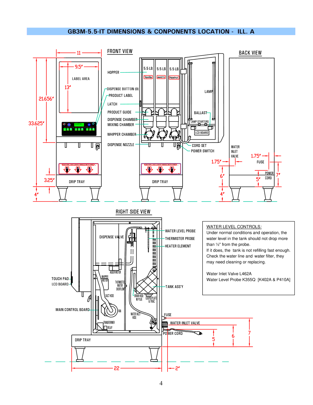 Cecilware GB-IT operation manual GB3M-5.5-IT Dimensions & Conponents Location ILL. a, Water Level Controls 