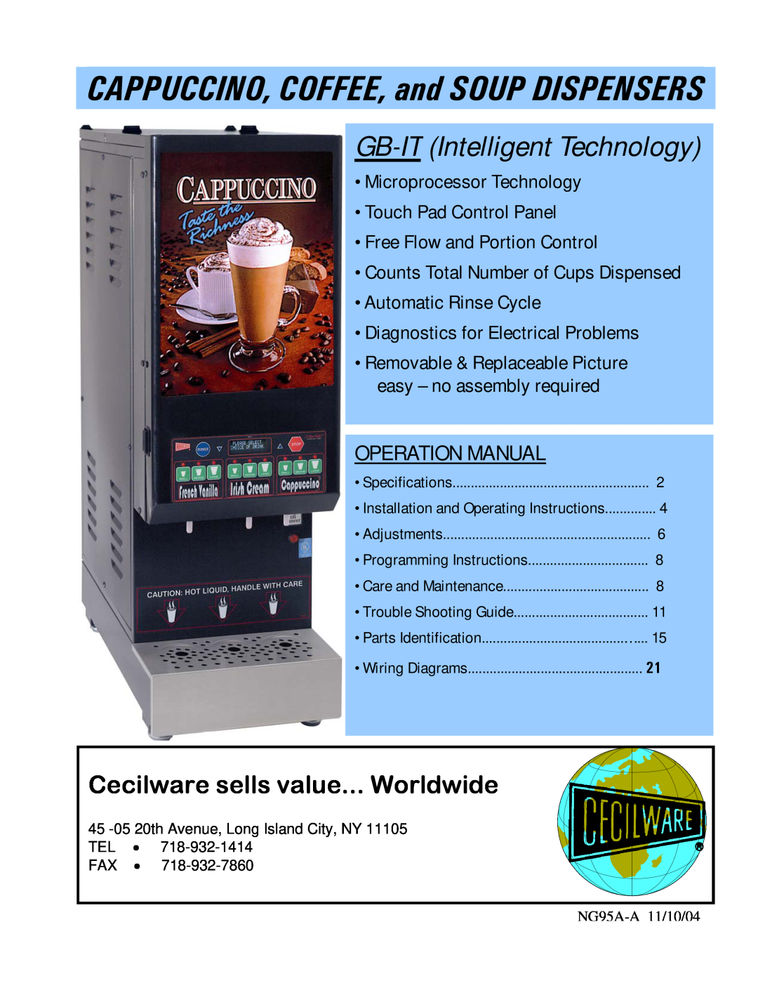 Cecilware operation manual CAPPUCCINO, COFFEE, and SOUP DISPENSERS GB-IT Intelligent Technology 