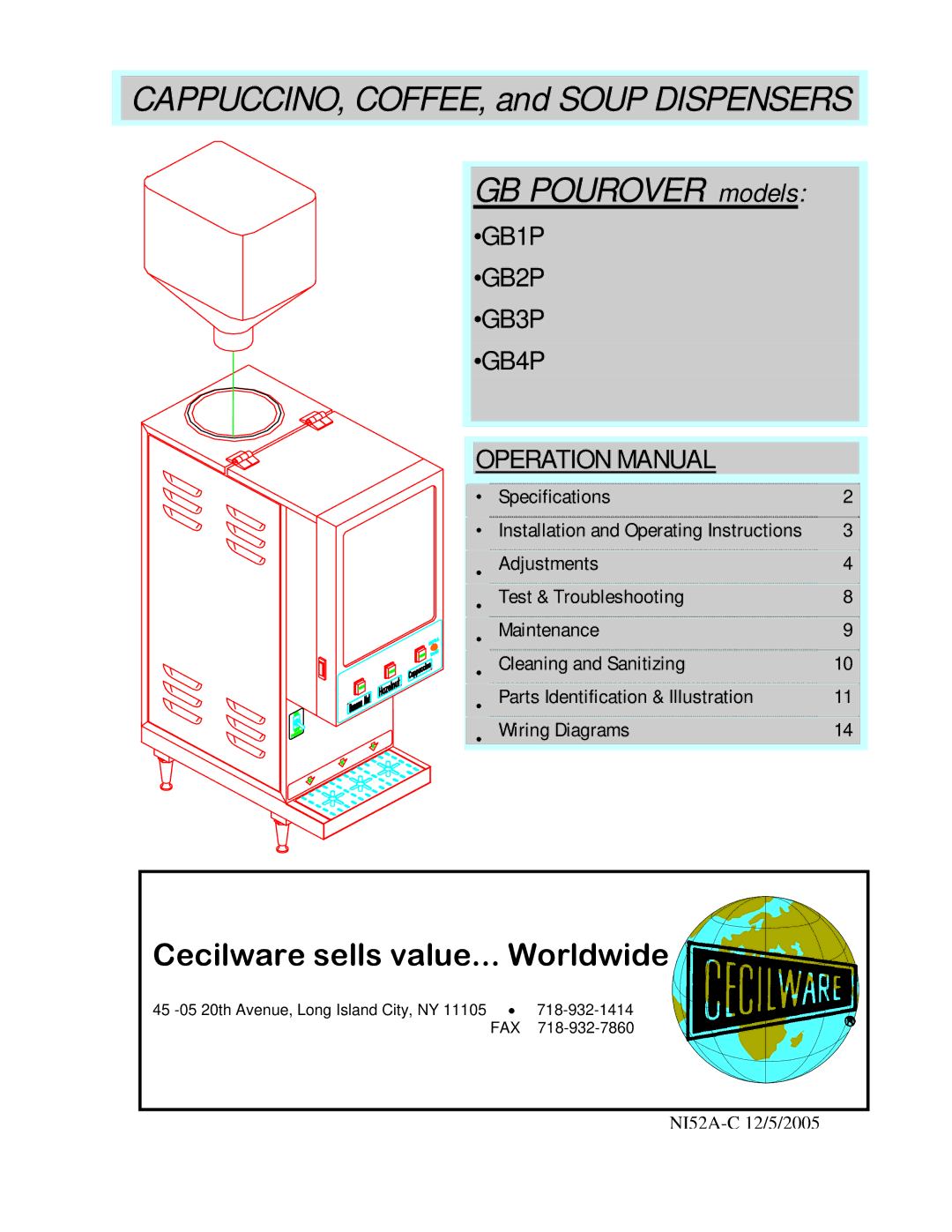 Cecilware GB1P, GB2P, GB4P, GB3P operation manual CAPPUCCINO, COFFEE, and Soup Dispensers GB Pourover models 